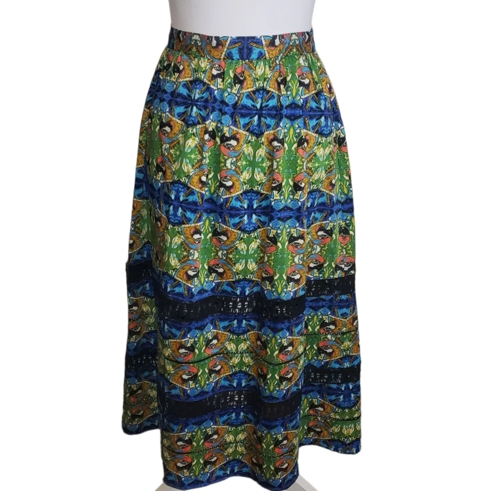 Sam Edelman Tulum Parrot Print Midi Skirt Size 12 Crochet Panels Bird Rockabilly
